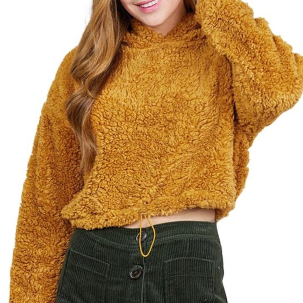 Comfy womens Mustard Yellow Sherpa-like Hoodies top